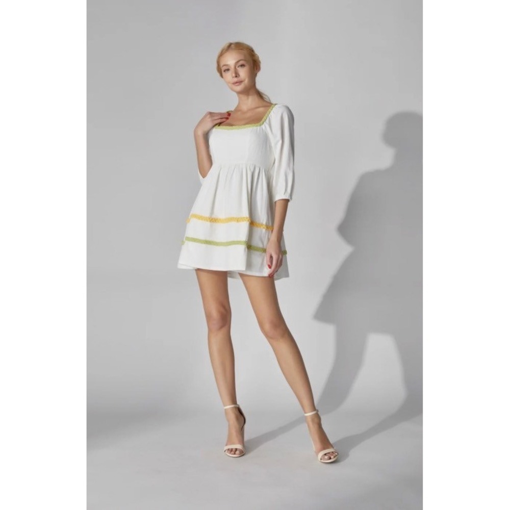 Lena White Cotton Braided Trimβ Babydoll Mini Dress 3/4 Puff Sleeve Medium D4080